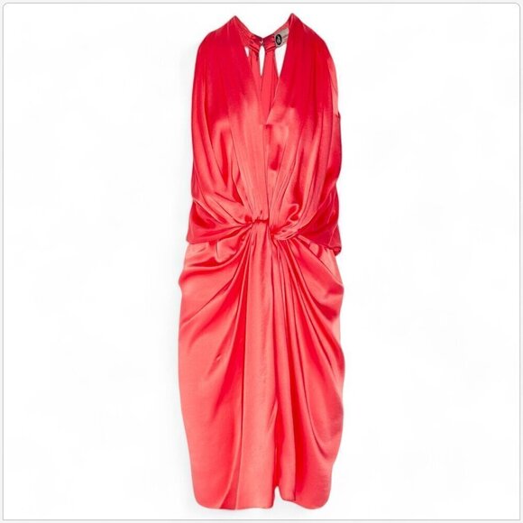 Lanvin Pink Geranium Knotted Draped Fluid Silk Satin Blouson Dress NEW NWOT 34 - Picture 4 of 11